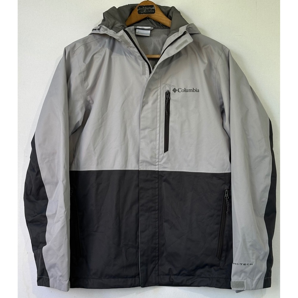 Columbia Omni-Tech Rain Jacket Hooded Mens S Grey Black Excellent